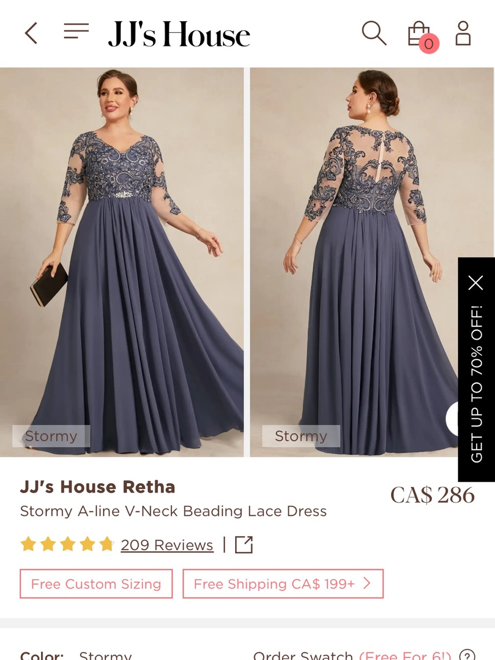 JJ's House Stormy Blue Embroidered A-line Long Sleeve Gown